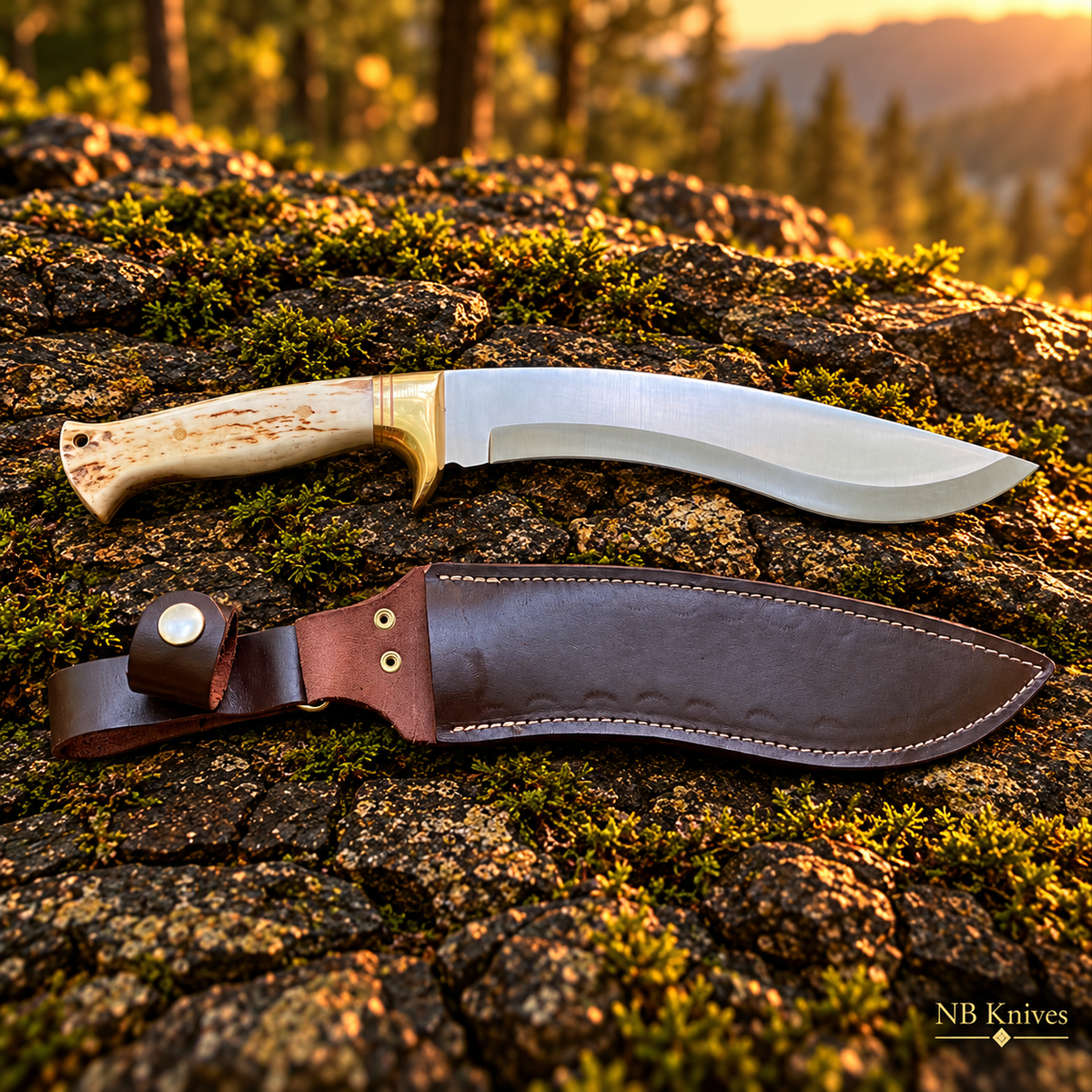 Custom Handmade 1095 High Carbon Steel Kukri Knife with Deer Antler Handle & Brass Guard