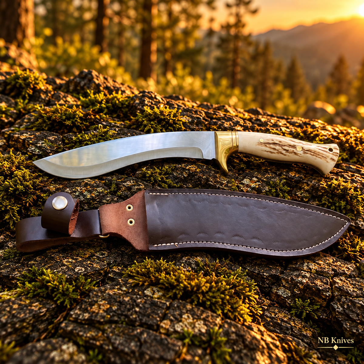 Custom Handmade 1095 High Carbon Steel Kukri Knife with Deer Antler Handle & Brass Guard