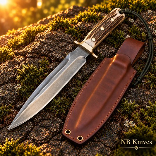 Handcrafted 1095 Steel Hunting Knife with Stag Horn Handle & Leather Sheath