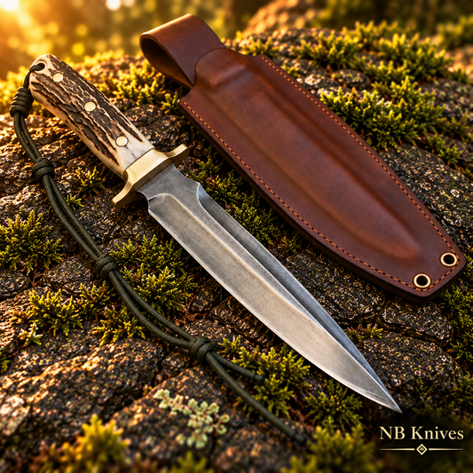 Handcrafted 1095 Steel Hunting Knife with Stag Horn Handle & Leather Sheath