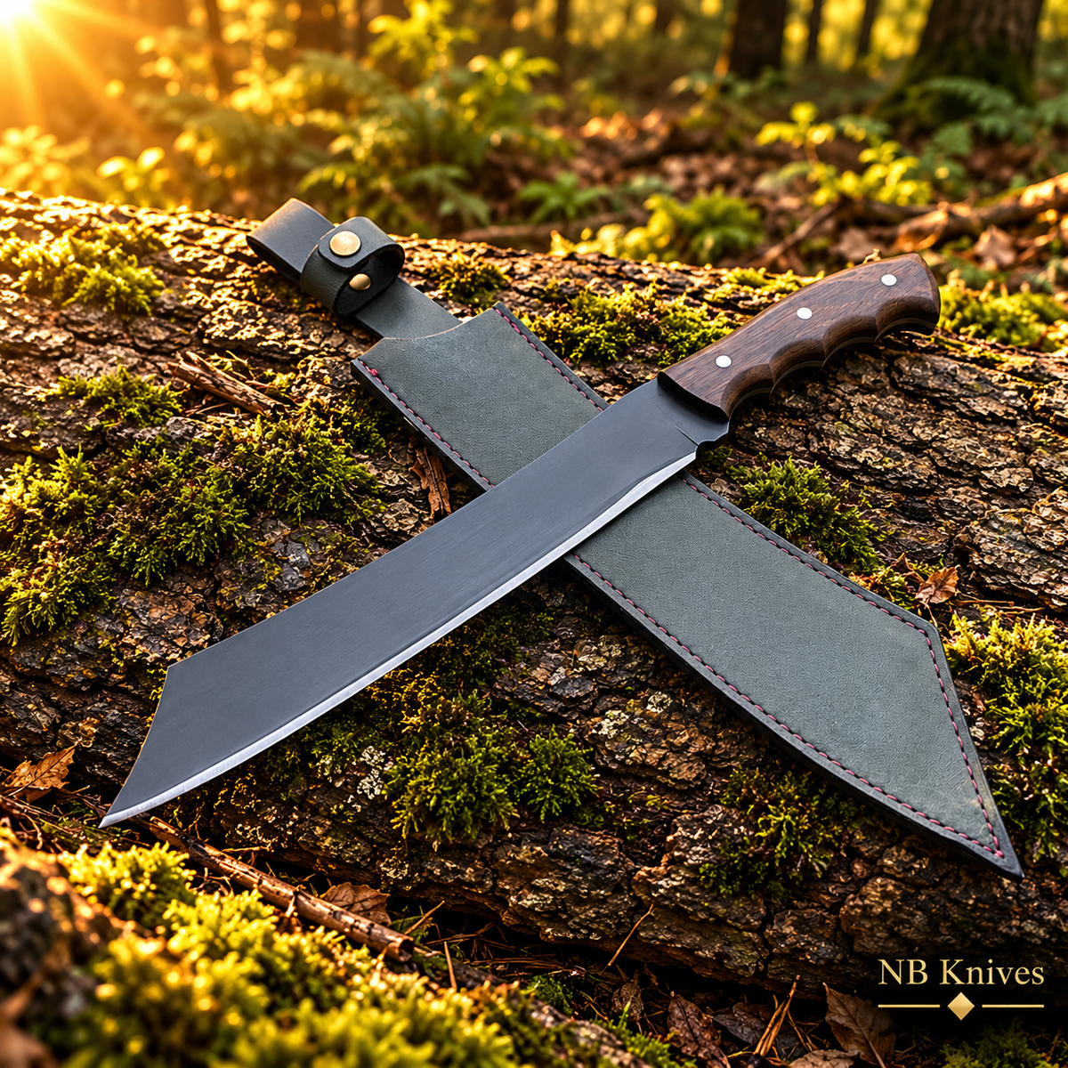 Handcrafted 1095 Steel Machete with Walnut Wood Handle & Powder-Coated Blade