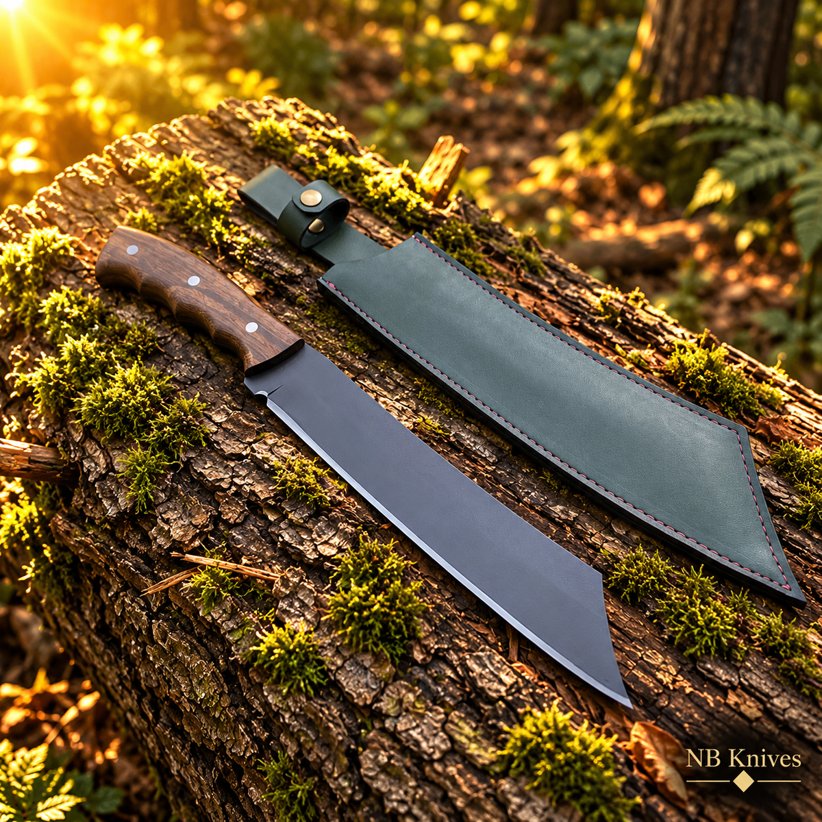 Handcrafted 1095 Steel Machete with Walnut Wood Handle & Powder-Coated Blade