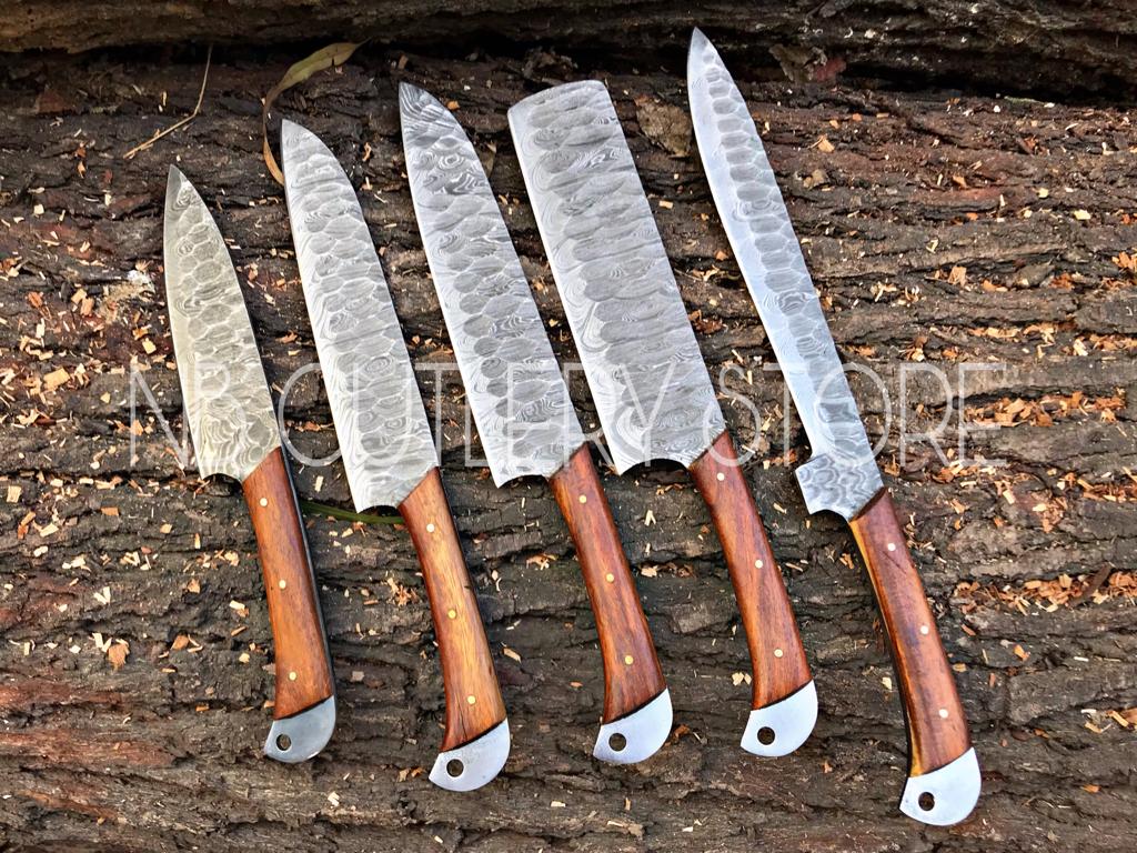Custom Handmade Damascus Steel 5 Pcs Chef Set Handle Rosewood With Leather Roll Kit