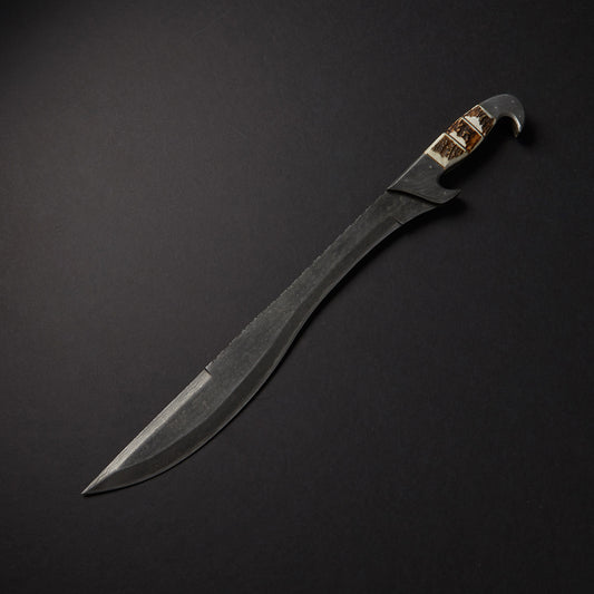Custom Handmade Damascus Steel Sword Handle Stag Horn With Beautiful Leather Sheath