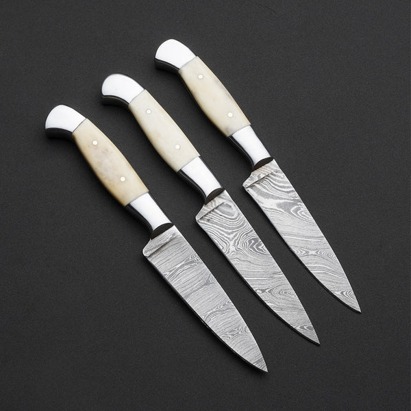 Custom Handmade Damascus Steel Bone Handle 3 Pcs Steak Knives With