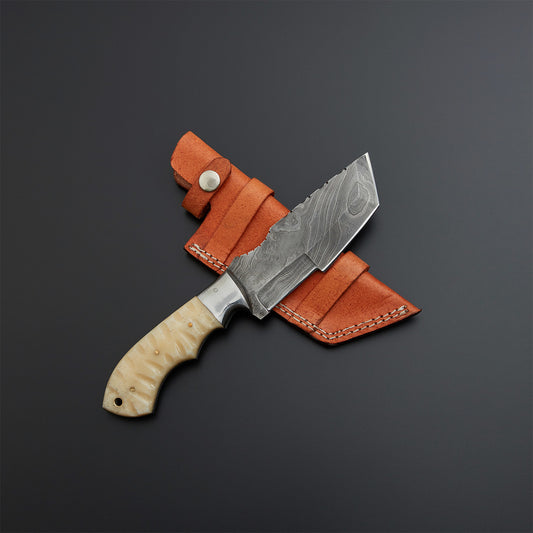 Custom Handmade Damascus Steel Tracker Knife Handle Cow Bone With Leather Sheath