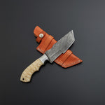 Custom Handmade Damascus Steel Tracker Knife Handle Cow Bone With Leather Sheath
