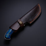 Custom Handmade Damascus Steel Tracker Knife Blue Hard Wood Handle With Leather Sheath