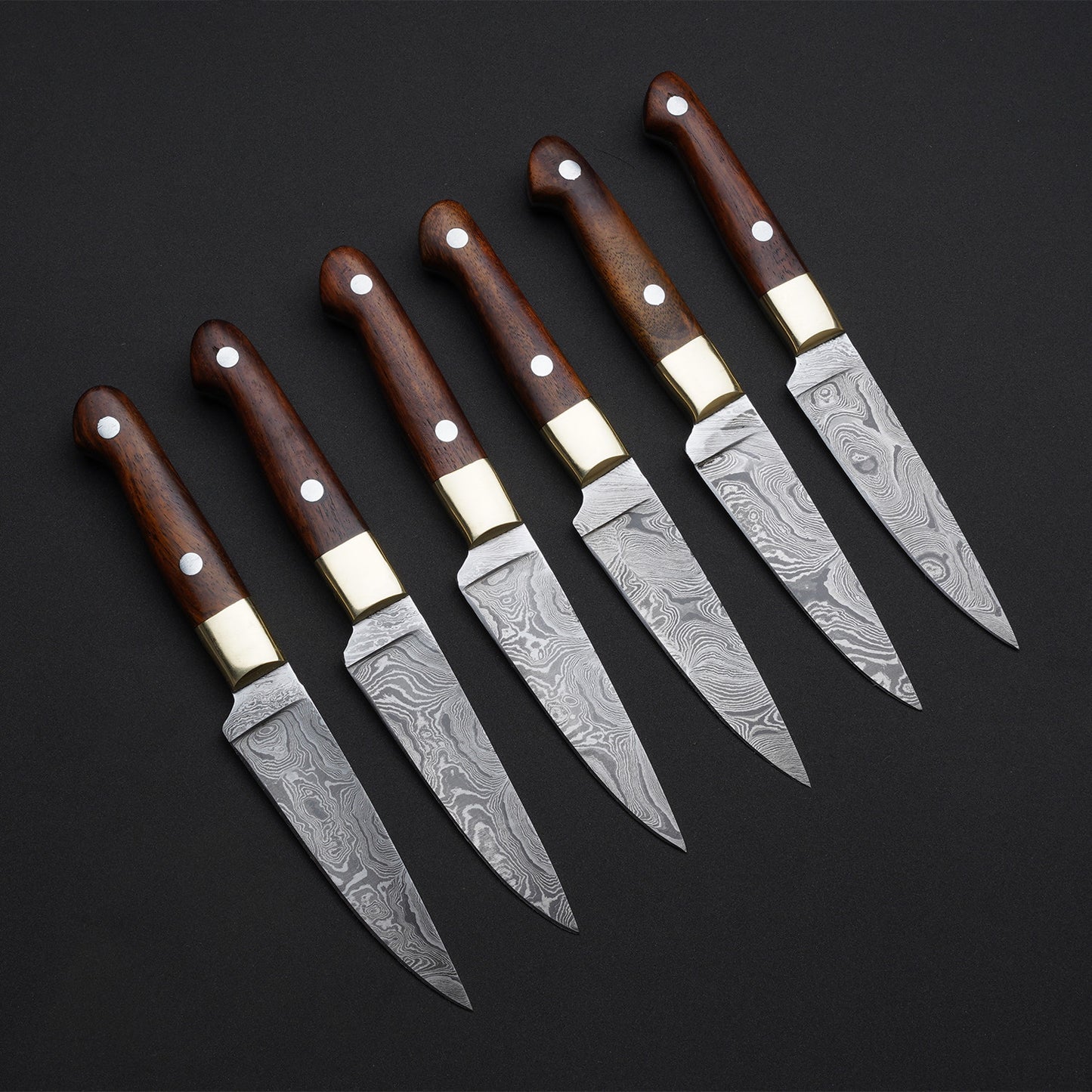 Custom Handmade Damascus Steel 6 Pcs Steak Knives Handle Rose Wood/Brass With Leather Roll Kit Modern Steak Knife Set for Memorable Dinners