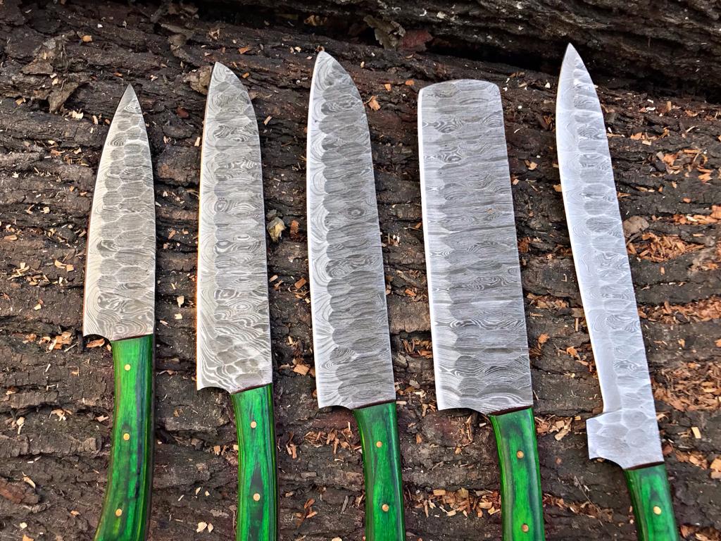 Custom Handmade Damascus Steel 5 Pcs Chef Set Handle Hardwood With Leather Roll Kit
