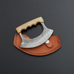 Custom Handmade Damascus Steel Ulu Knife Handle Cow Bone With Leather Sheath