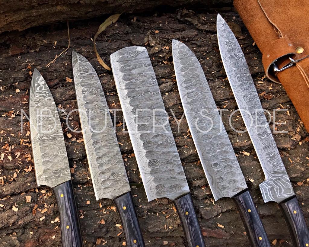 Custom Handmade Damascus Steel 5 Pcs Chef Set Handle Hardwood With Leather Roll Kit