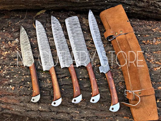 Custom Handmade Damascus Steel 5 Pcs Chef Set Handle Rosewood With Leather Roll Kit