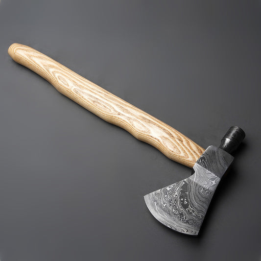 Custom Handmade Damascus Steel Smoking Axe Handle Olive Wood With Beautiful Leather Sheath