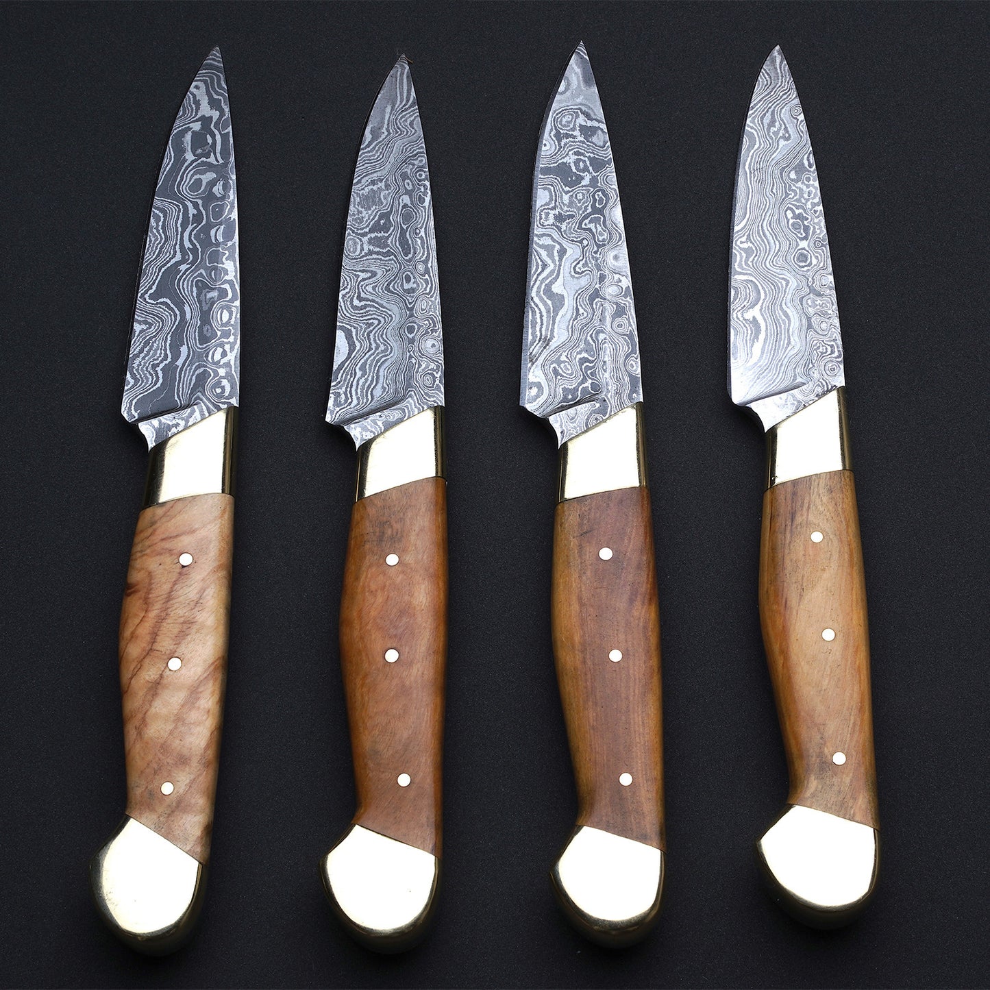 Custom Handmade Damascus Steel 4 Pcs Steak Knives Handle Olive Wood With Leather Kit Superior Steak Knife Set for Fine Dining Moments