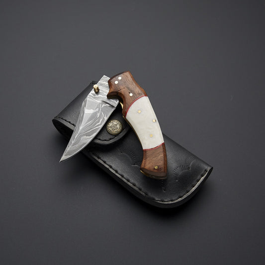 Custom Handmade Damascus Steel Pocket Knife Handle Rose Wood/Cow Bone With Leather Sheath Reliable Pocket Knife for Outdoor Adventures
