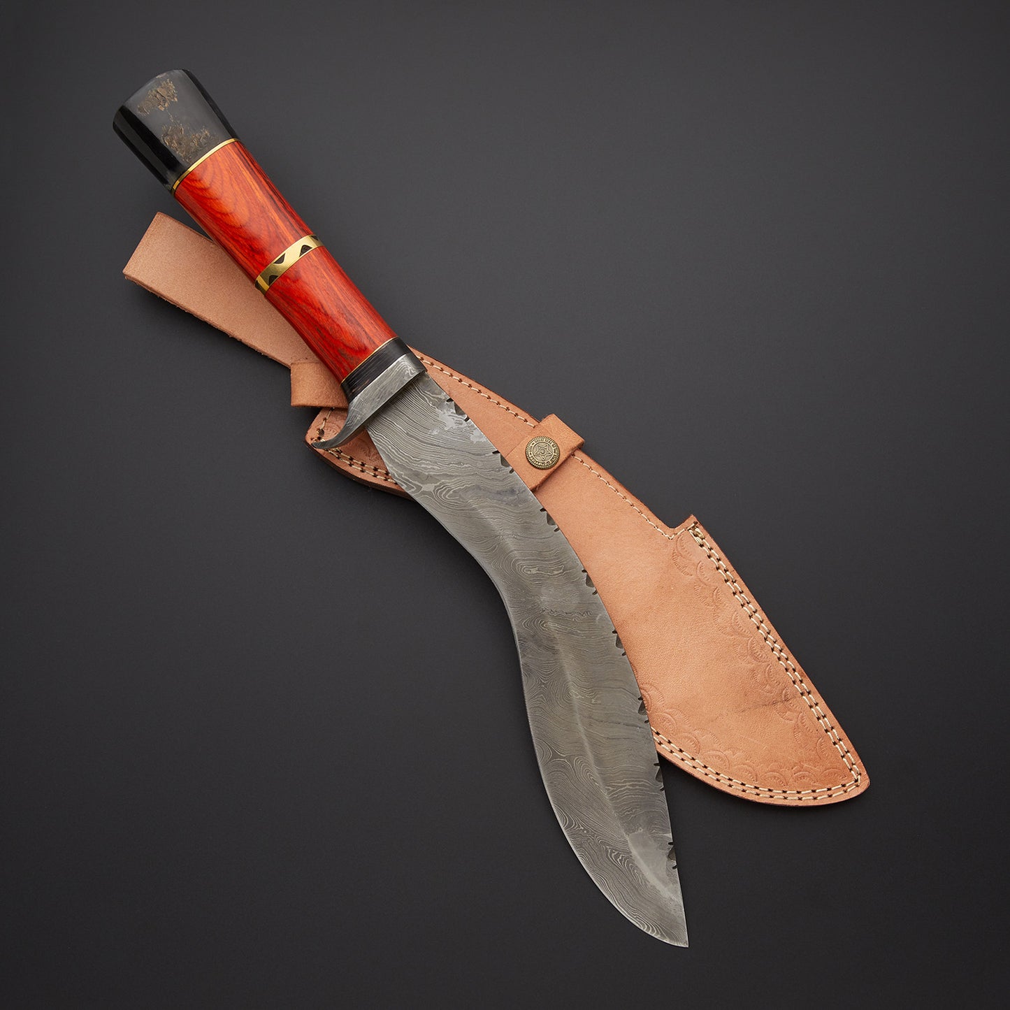 Custom Handmade Damascus Steel Kukri Knife Handle Hardwood/Damascus Guard With Beautiful Leather Sheath