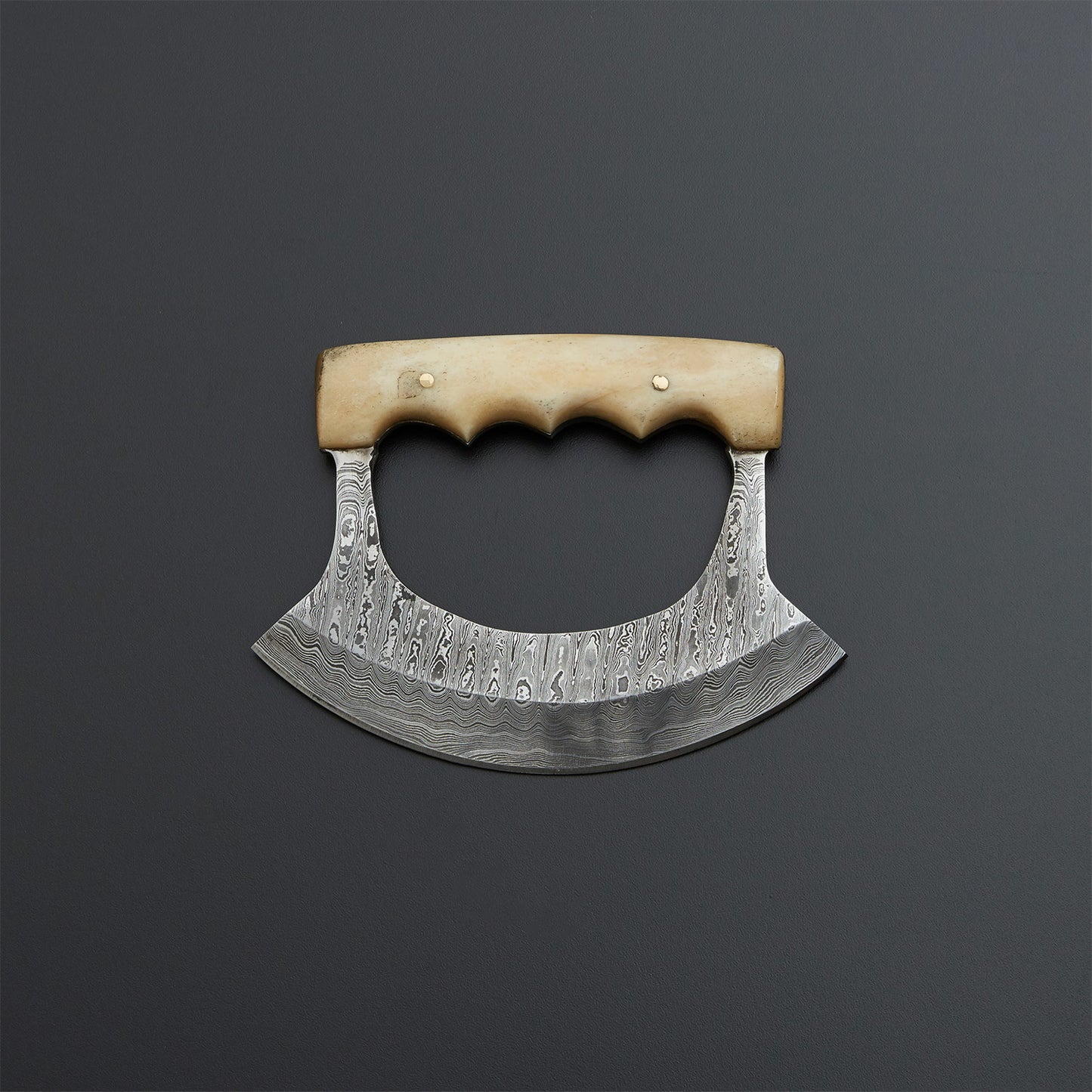 Custom Handmade Damascus Steel Ulu Knife Handle Cow Bone With Leather Sheath
