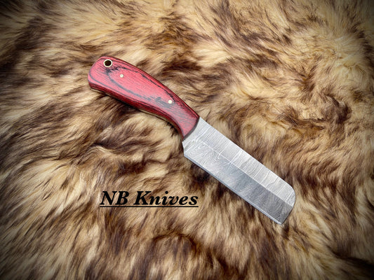 Handcrafted Damascus Cowboy Bull Cutter with Pakka Wood Handle & Leather Sheath