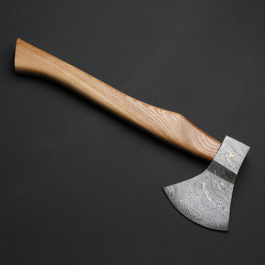 Custom Handmade Damascus Steel Beautiful Axe Handle Olive Wood With Leather Sheath