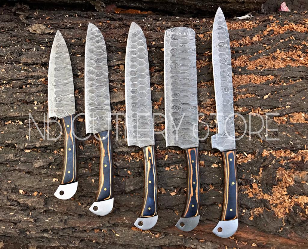 Custom Handmade Damascus Steel 5 Pcs Chef Set Handle Hardwood With Leather Roll Kit