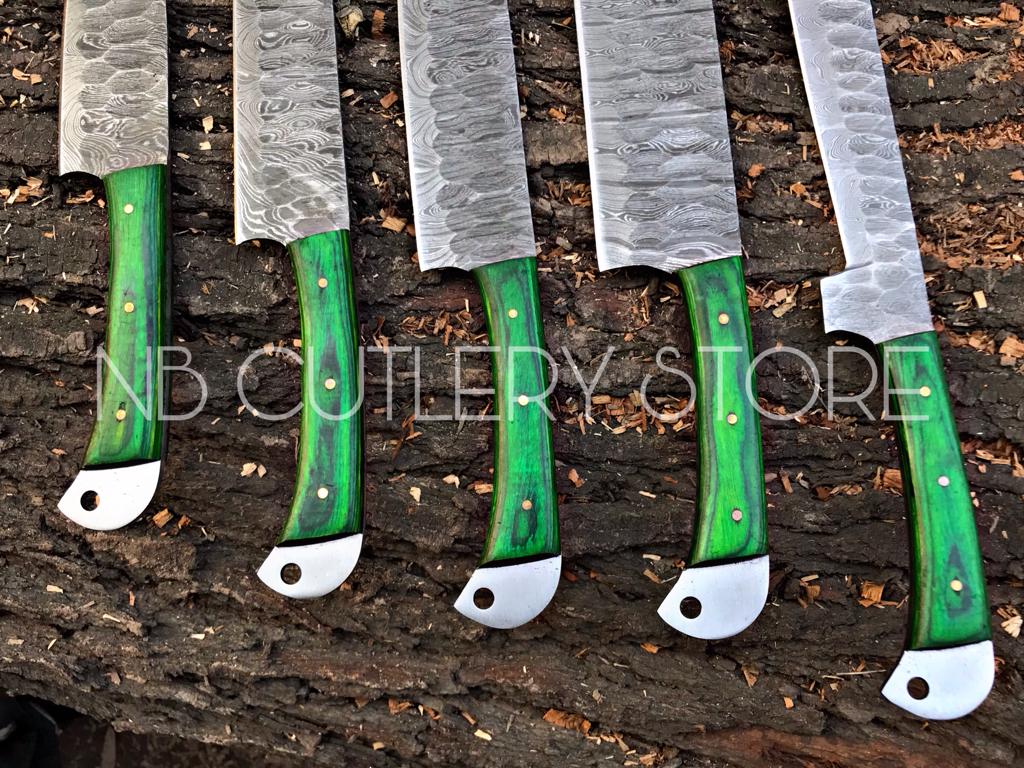 Custom Handmade Damascus Steel 5 Pcs Chef Set Handle Hardwood With Leather Roll Kit
