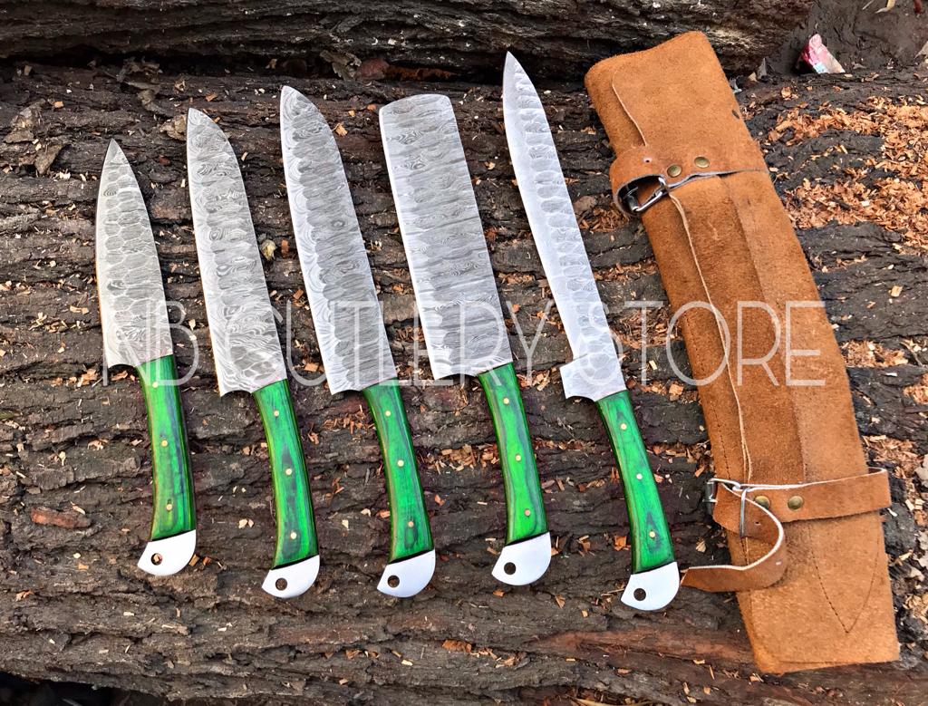 Custom Handmade Damascus Steel 5 Pcs Chef Set Handle Hardwood With Leather Roll Kit