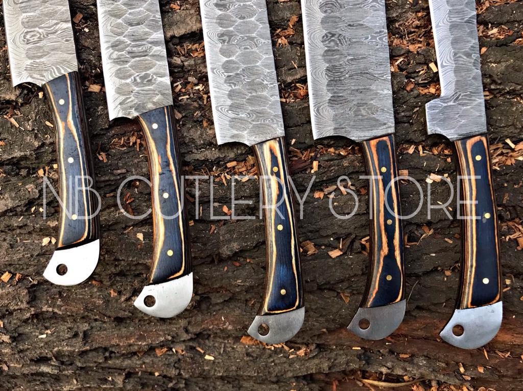 Custom Handmade Damascus Steel 5 Pcs Chef Set Handle Hardwood With Leather Roll Kit