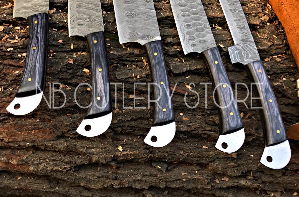 Custom Handmade Damascus Steel 5 Pcs Chef Set Handle Hardwood With Leather Roll Kit
