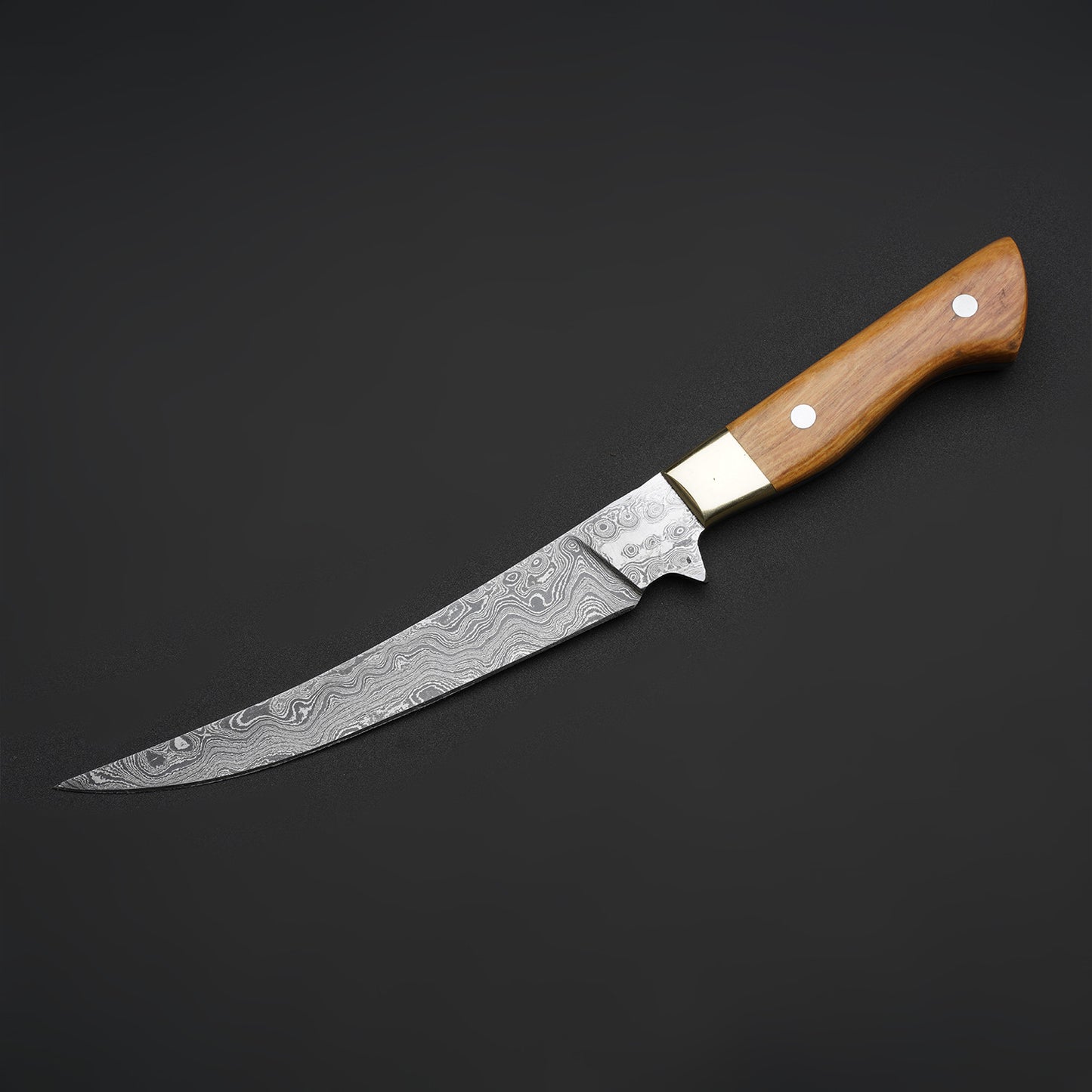 Custom Handmade Damascus Steel Fillet Knife Handle Olive Wood/Brass With Leather Sheath Meets Functionality for Perfect Cuts