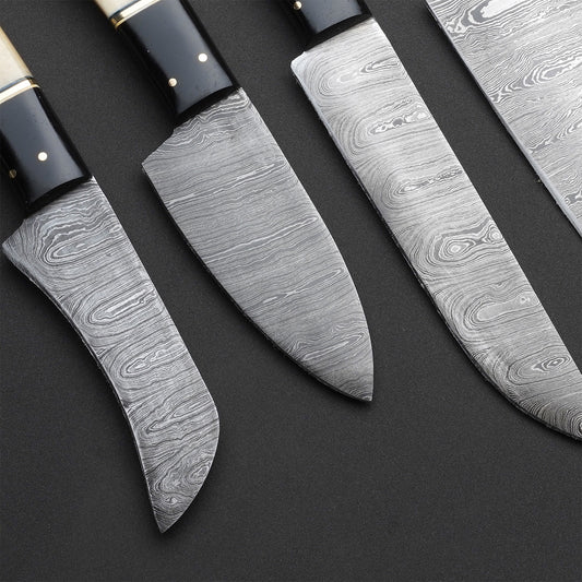 Custom Handmade Damascus Steel 6-Piece Chef Knife Set – Cow Bone, Black Horn & Hardwood Handles with Leather Roll