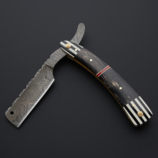 Custom Handmade Damascus Steel Razor Handle Zebra Sheet/Black Sheet With Leather Sheath Superior Quality Damascus Razor for Precision Grooming