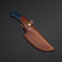 Beautiful Custom Handmade Damascus Steel Tracker Knife Handle Blue Dollar Sheet With Leather Sheath