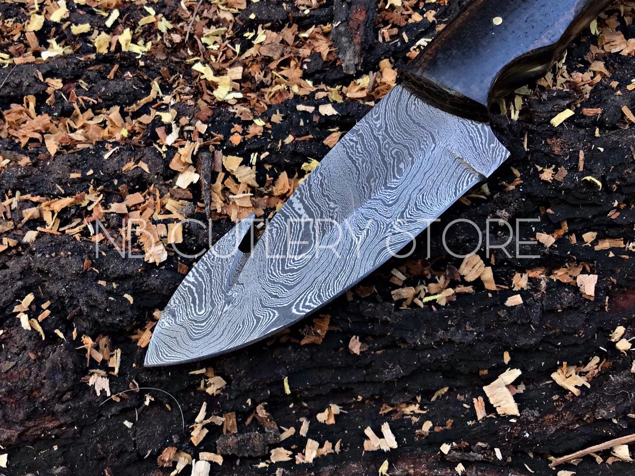 Damascus Steel Gut Hook Knife – Micarta Grip with Leather Sheath