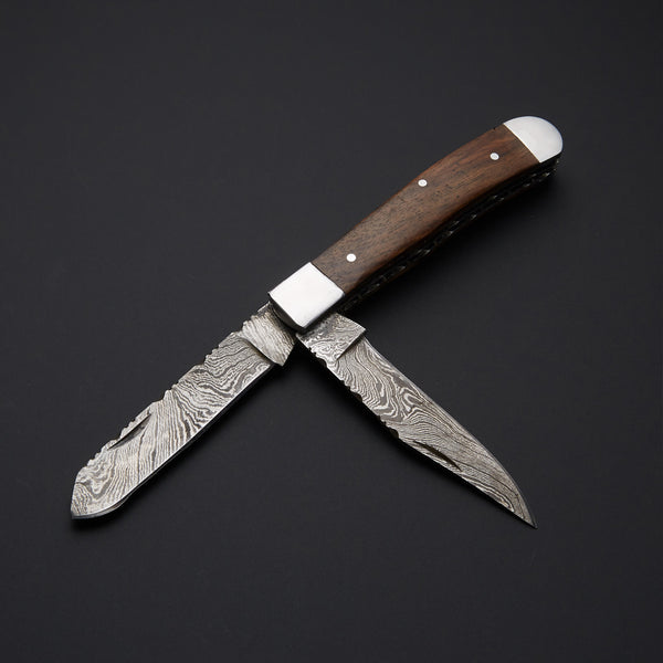 Custom Handmade Damascus Trapper Knife Handle Rosewood With Leather Sheath Bushcraft Trapper Blade Folding Hunting Knife