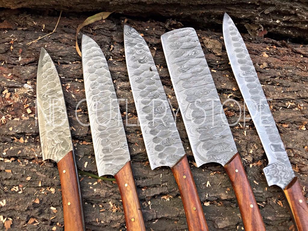 Custom Handmade Damascus Steel 5 Pcs Chef Set Handle Rosewood With Leather Roll Kit