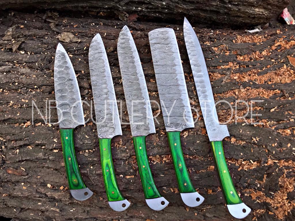 Custom Handmade Damascus Steel 5 Pcs Chef Set Handle Hardwood With Leather Roll Kit