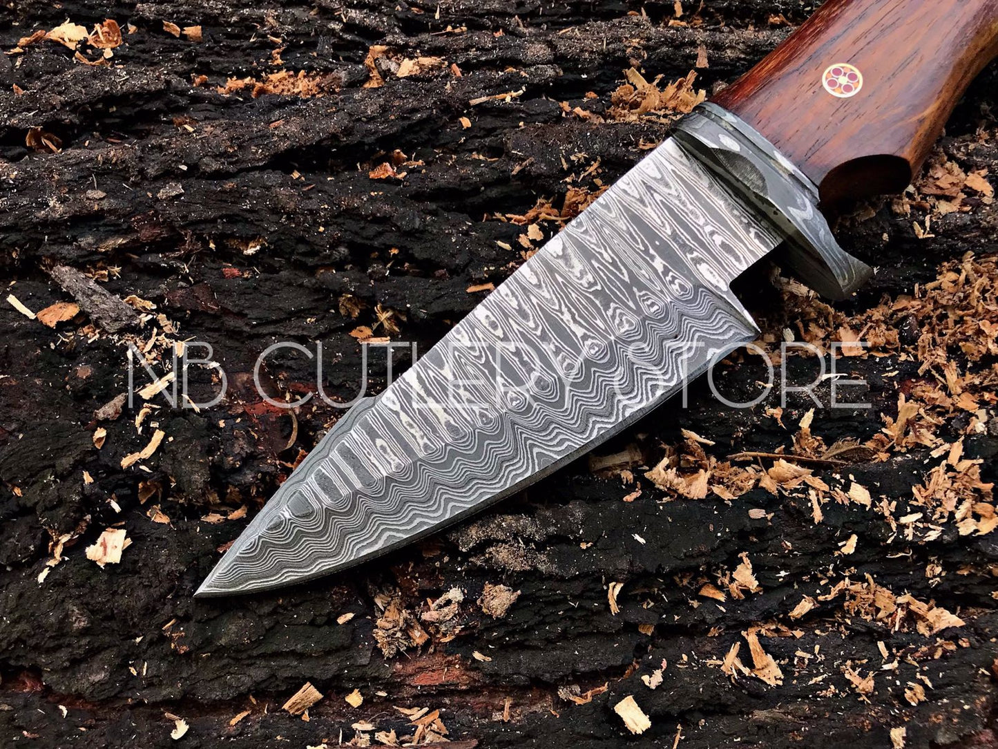 CUSTOM HANDMADE DAMASCUS STEEL BIGCAT ROAR KNIFE HANDLE WALNUT WOOD WITH BEAUTIFUL LEATHER SHEATH
