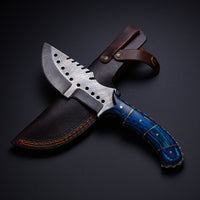 Custom Handmade Damascus Steel Tracker Knife Blue Hard Wood Handle With Leather Sheath