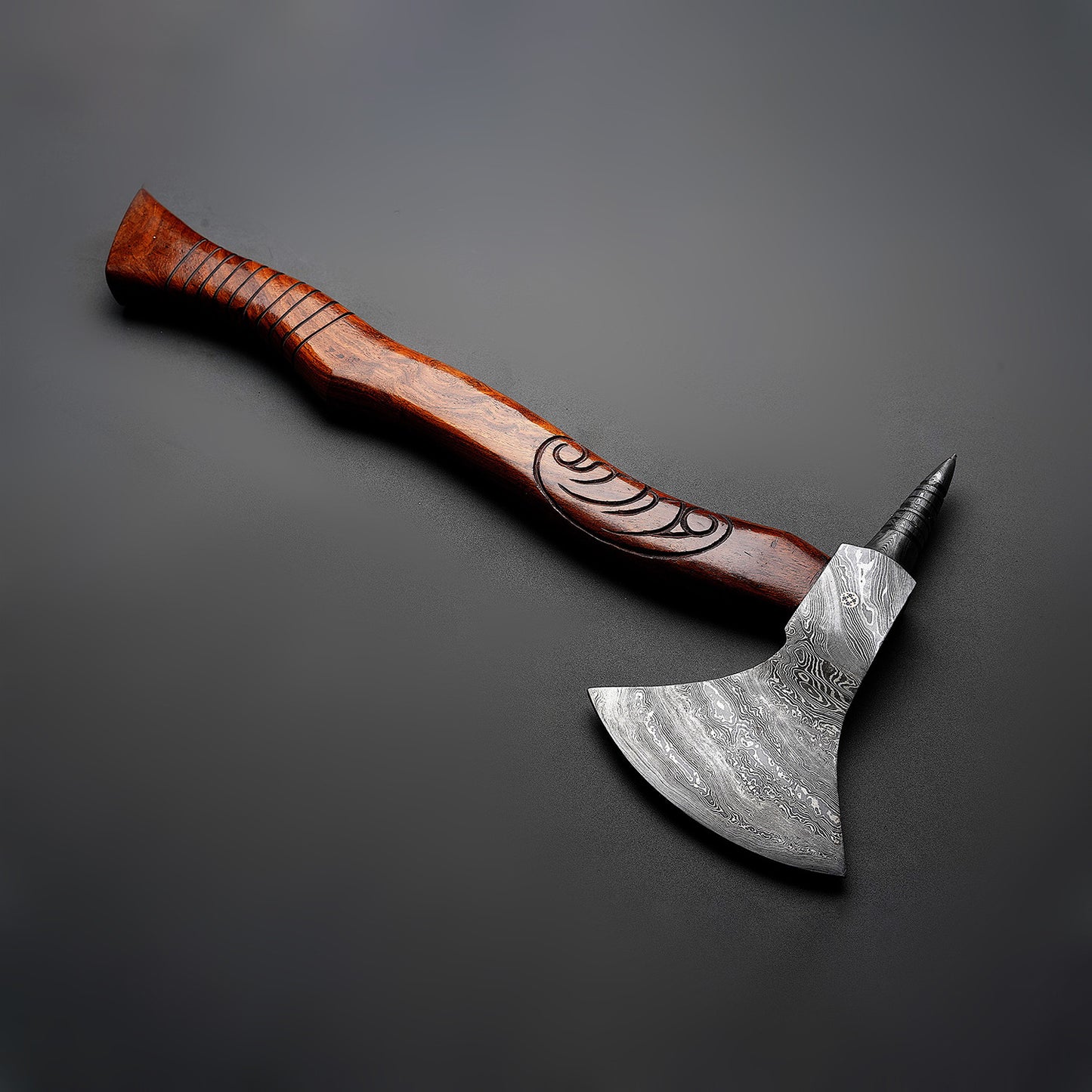 Custom Handmade Damascus Steel Axe Handle Rosewood With Beautiful Leather Sheath