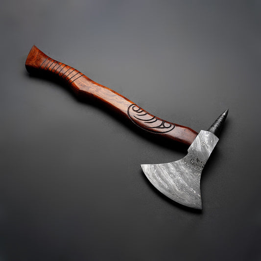 Custom Handmade Damascus Steel Axe Handle Rosewood With Beautiful Leather Sheath