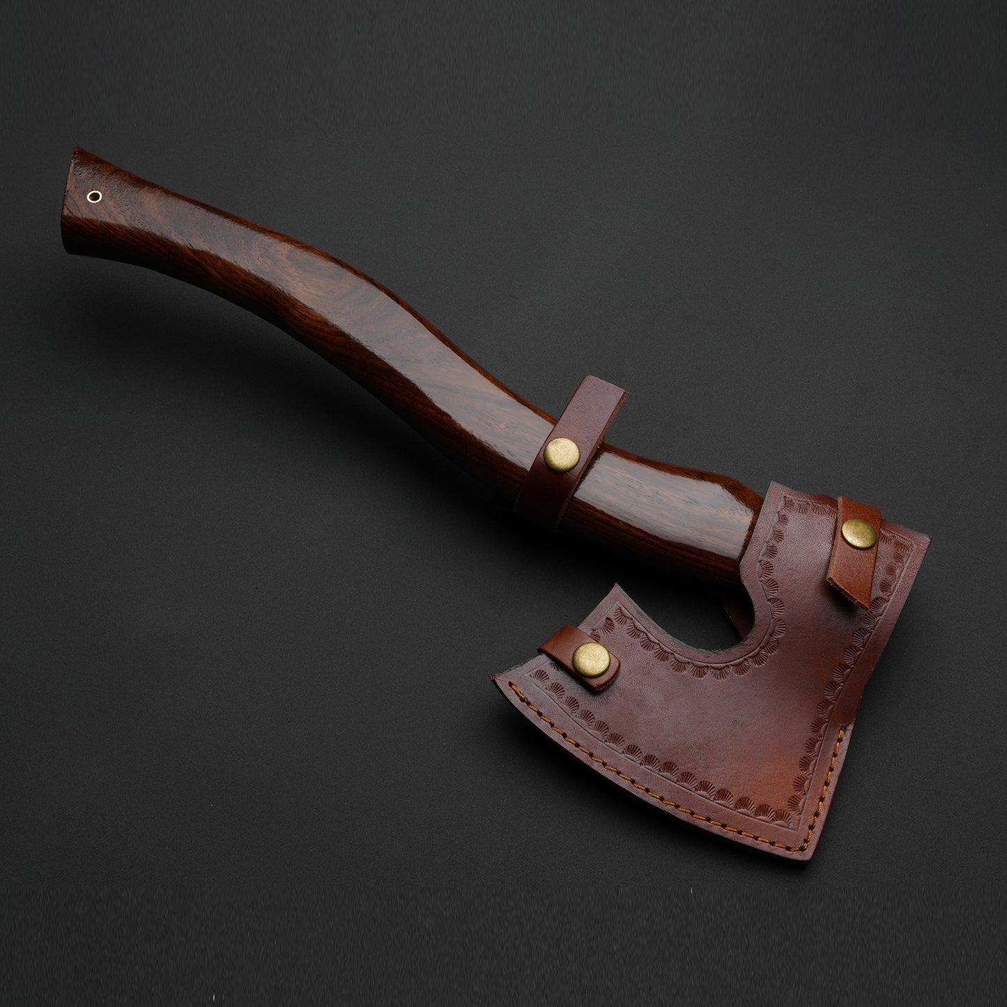 Custom Handmade Damascus Steel Beautiful Axe Handle Rose Wood With Leather Sheath