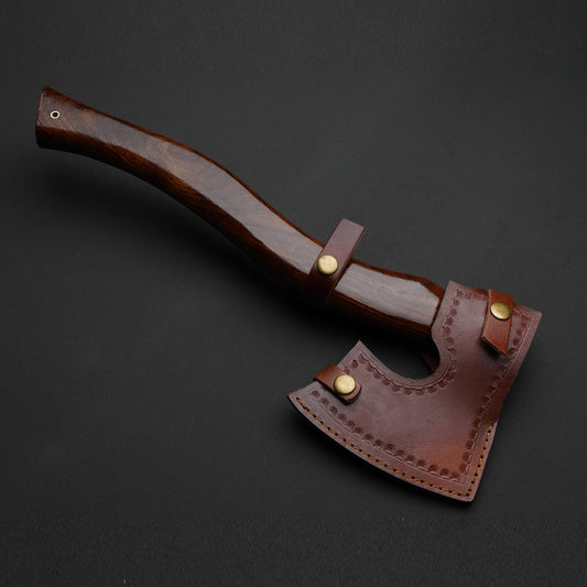 Custom Handmade Damascus Steel Beautiful Axe Handle Rose Wood With Leather Sheath
