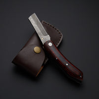 Custom Handmade Damascus Steel Pocket Knife Handle Hardwood With Leather Sheath Adventure-ready Folding Blade