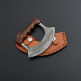 Custom Handmade Damascus Steel Ulu Knife Handle Rosewood With Leather Sheath