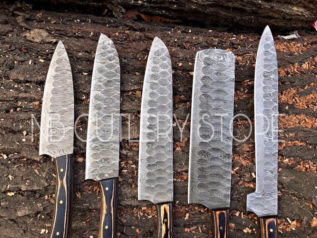 Custom Handmade Damascus Steel 5 Pcs Chef Set Handle Hardwood With Leather Roll Kit