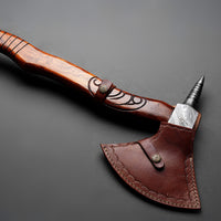 Custom Handmade Damascus Steel Axe Handle Rosewood With Beautiful Leather Sheath