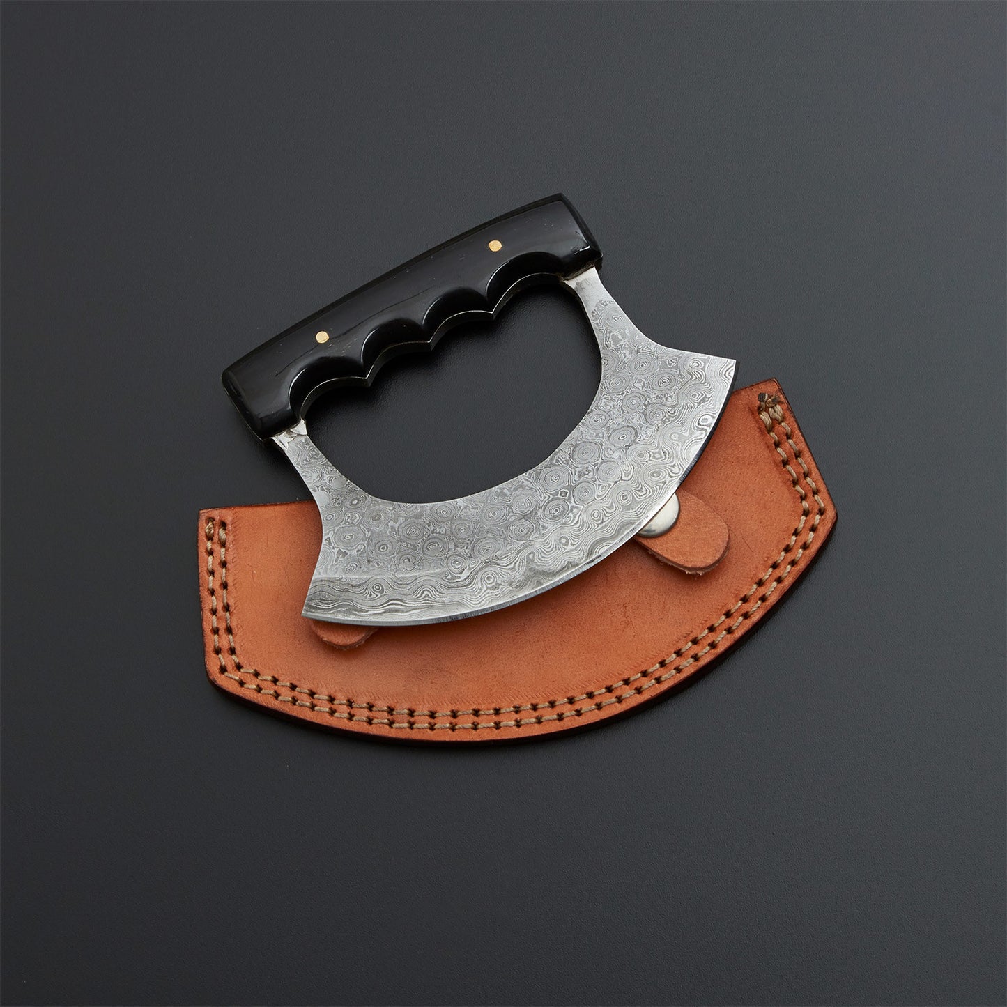 Custom Handmade Damascus Steel Ulu Knife Handle Buffalo Horn With Leather Sheath