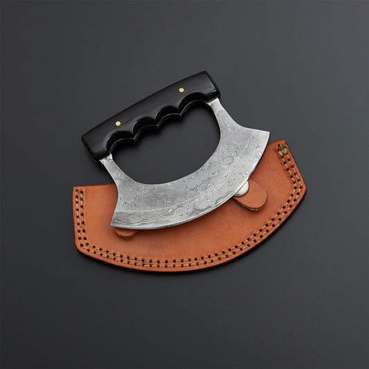 Custom Handmade Damascus Steel Ulu Knife Handle Buffalo Horn With Leather Sheath