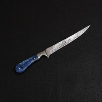 Custom Handmade Damascus Steel Fillet Knife Handle Blue Dyed Bone With Leather Sheath